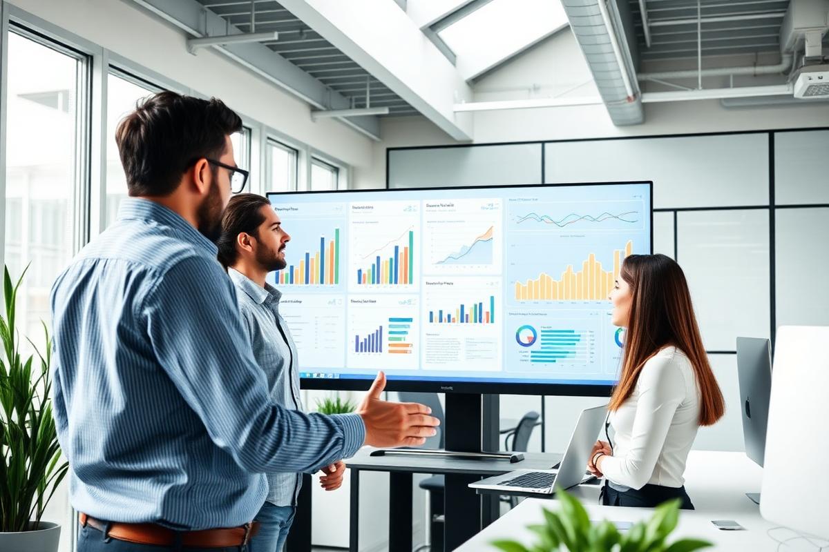 Growth-ready operator and team reviewing marketing performance dashboards in a mid-size company office