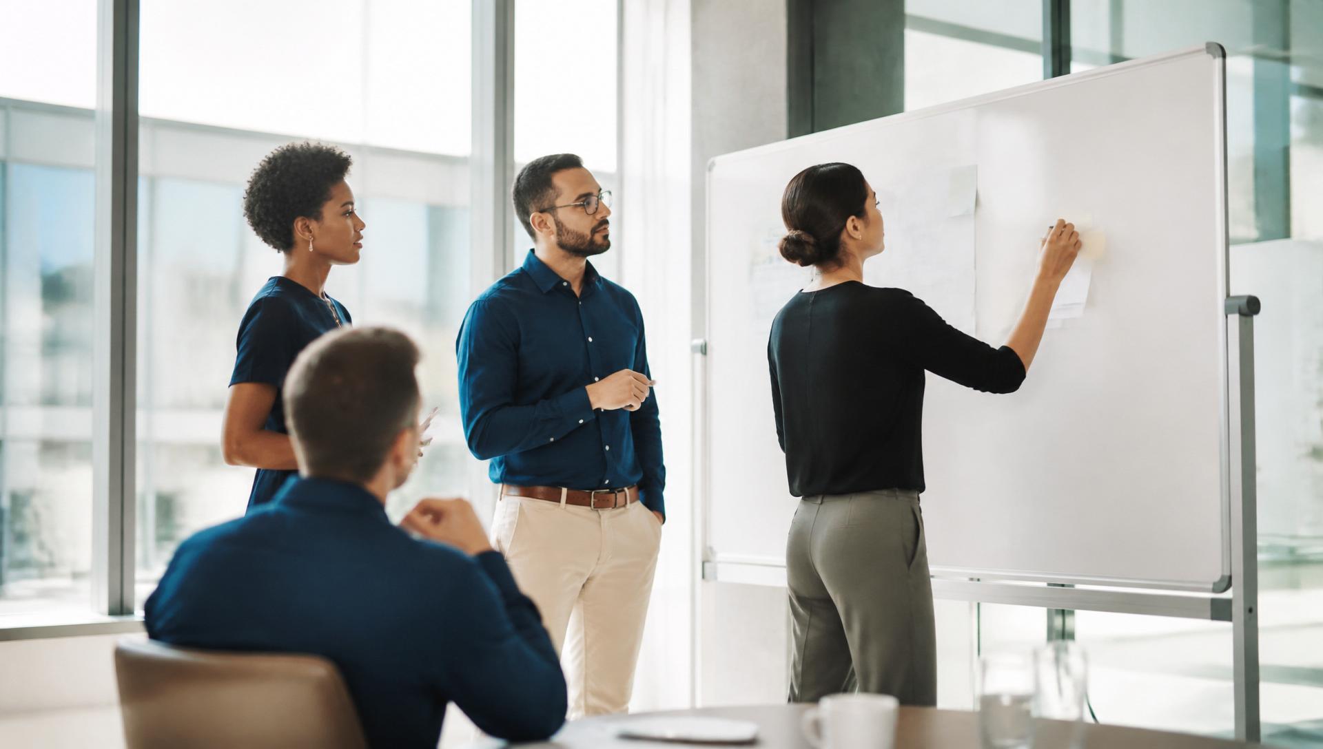Business team planning marketing strategy around a whiteboard in a modern office