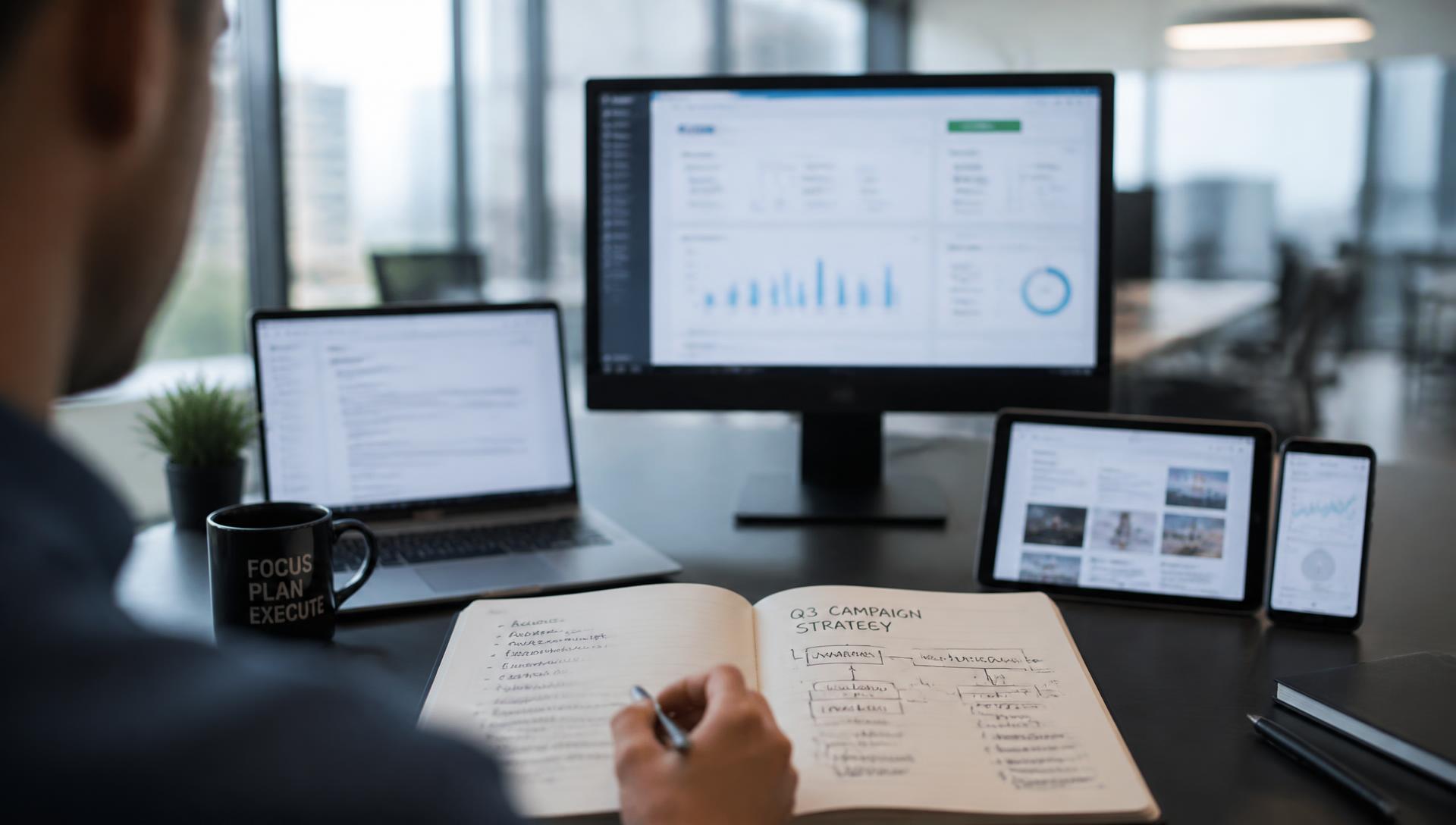 Business desk with multiple screens, a strategy notebook, and disconnected marketing tools showing the gap between tactics and a written plan