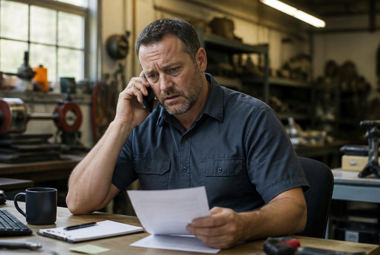 Local service business owner in a workshop office handling marketing follow-up between customer calls