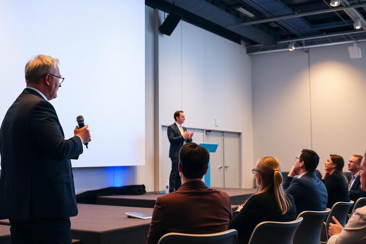 Expert consultant speaking on stage to an engaged business audience at a conference