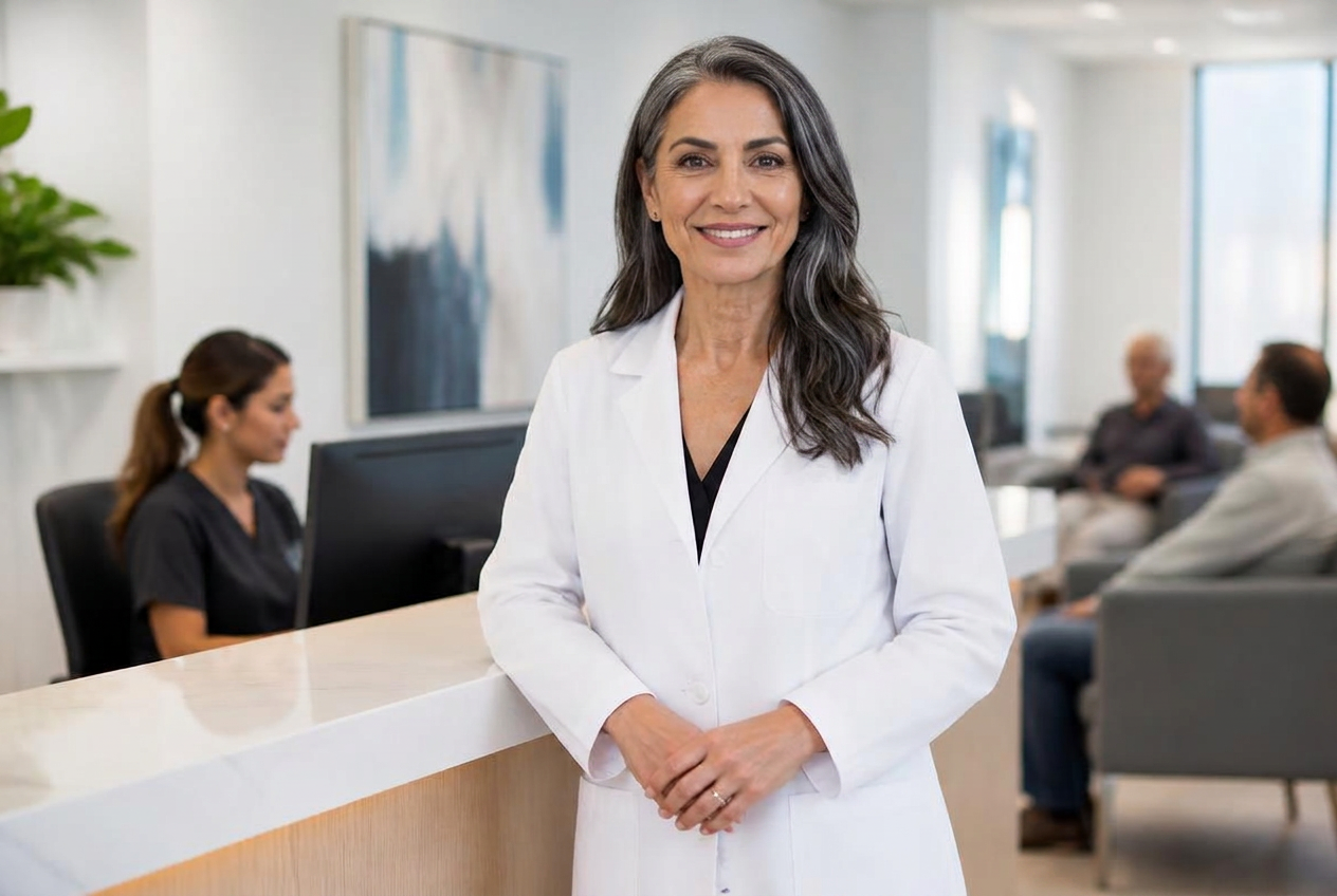 Professional practice owner standing at the reception desk of a modern clinic with staff in the background