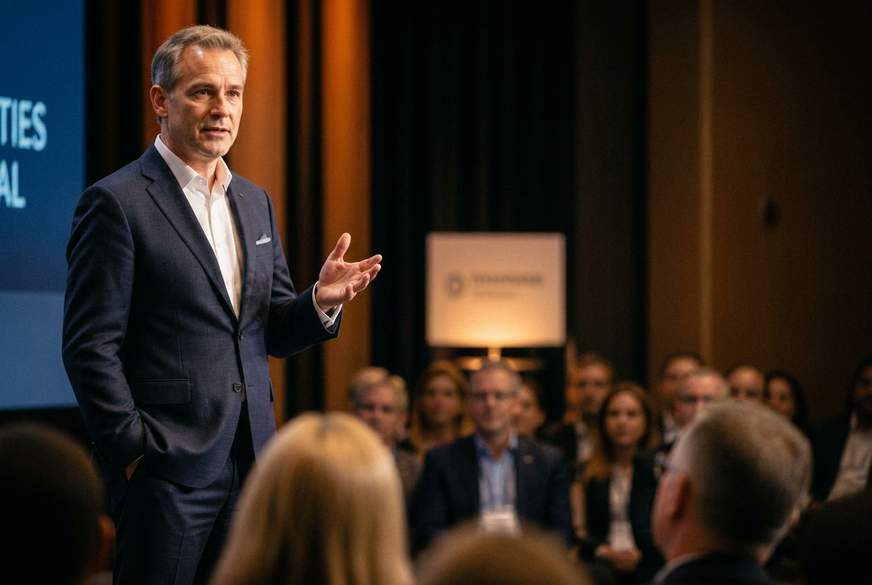 Expert consultant speaking on stage to an engaged business audience at a conference