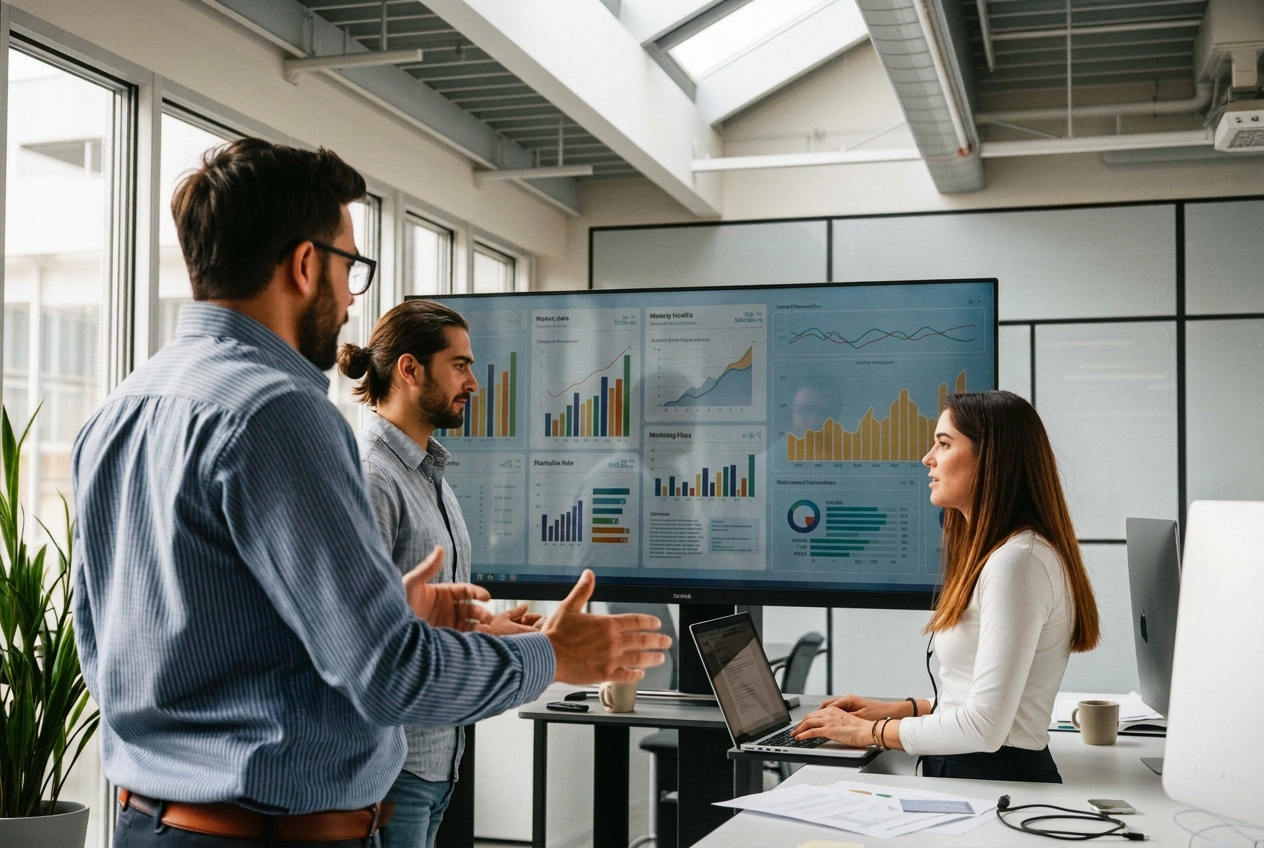 Growth-ready operator and team reviewing marketing performance dashboards in a mid-size company office