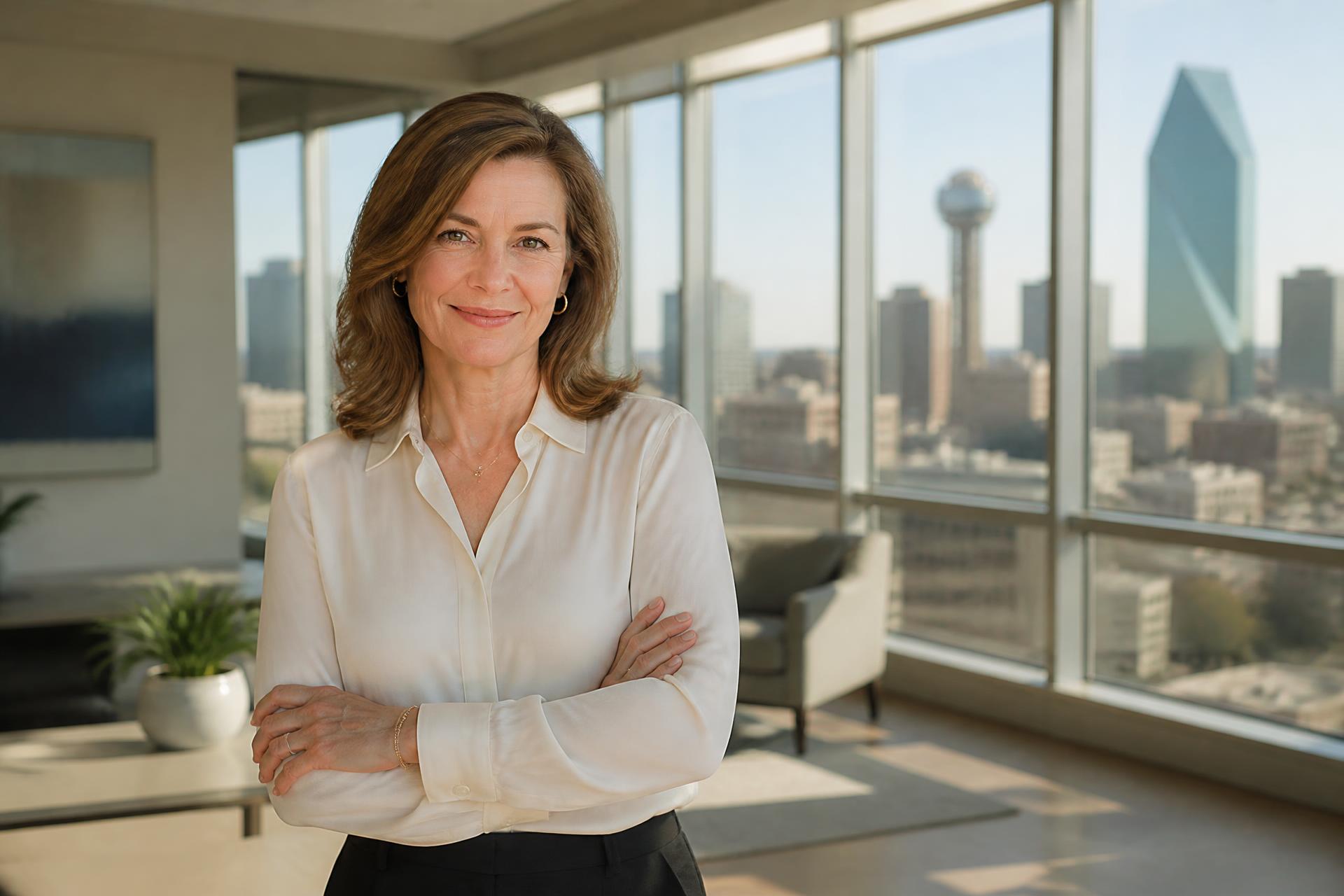 Sheila Rondeau, founder of MOGDX, in a Dallas office with the downtown skyline behind her