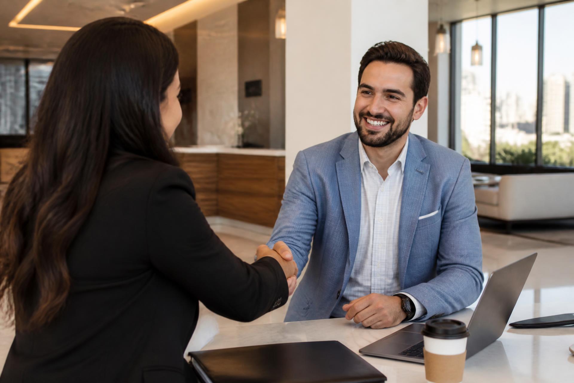 Marketing consultant shaking hands with a business owner during a strategy call in a Dallas office