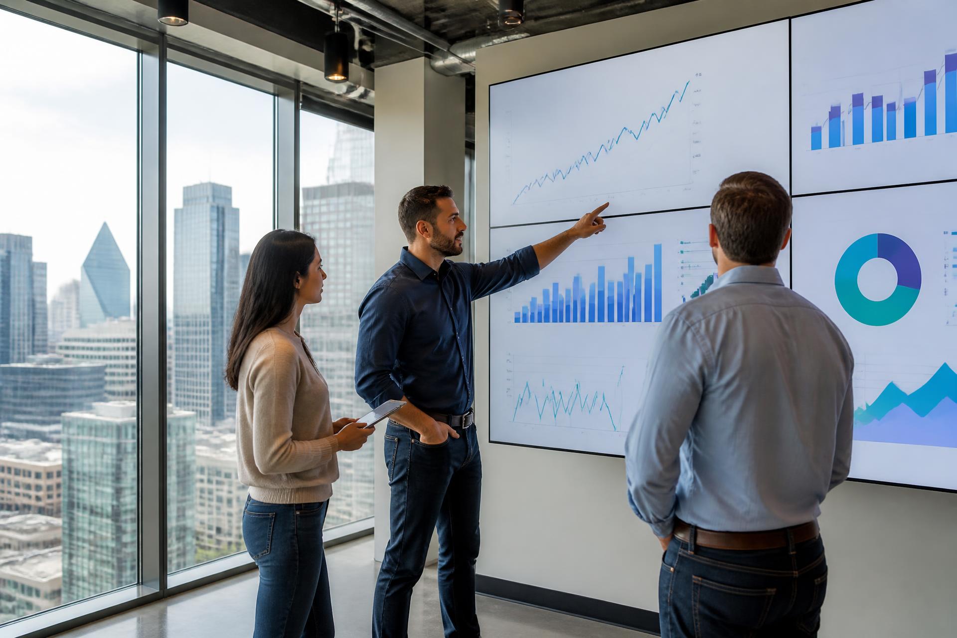 Marketing team in a Dallas office reviewing campaign performance and growth metrics on a wall display