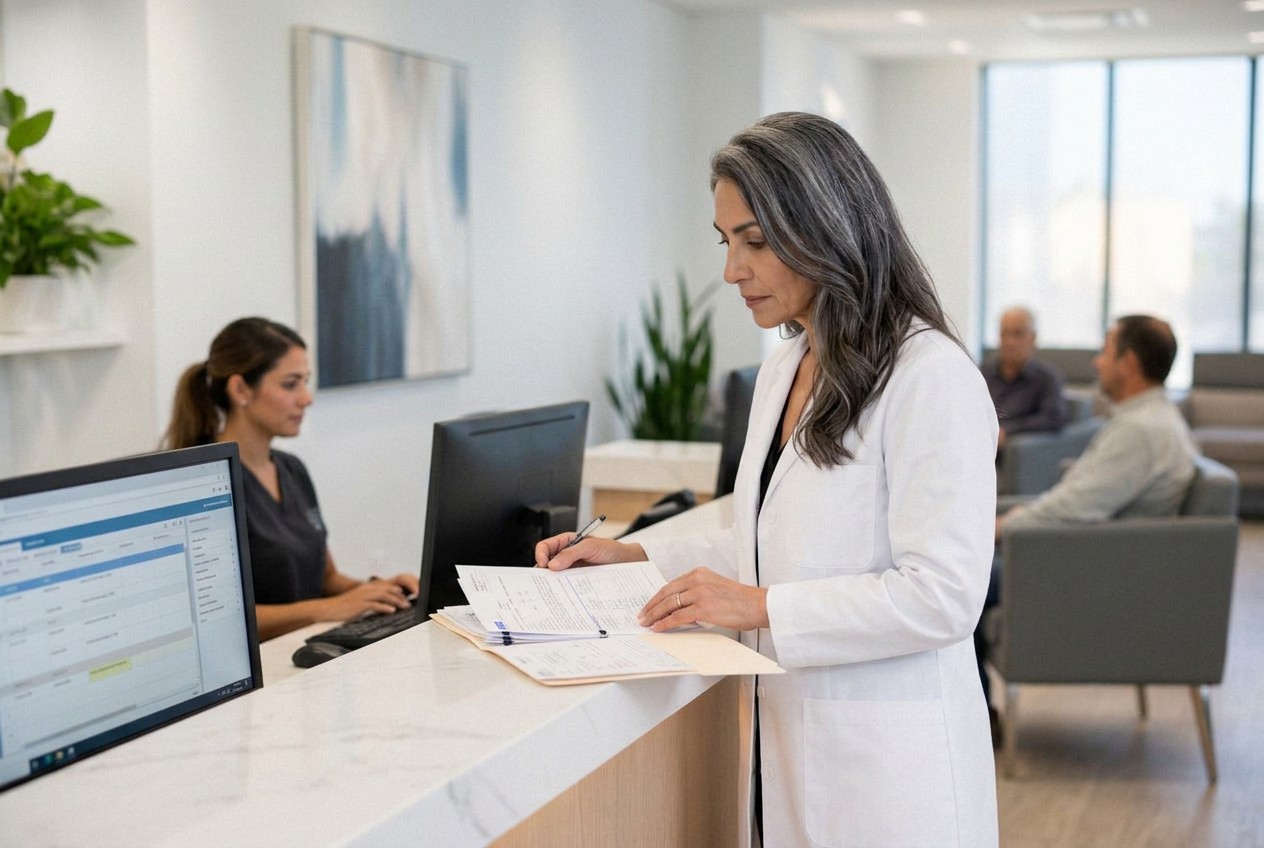 Professional practice owner working at the reception desk of a modern clinic with staff in the background